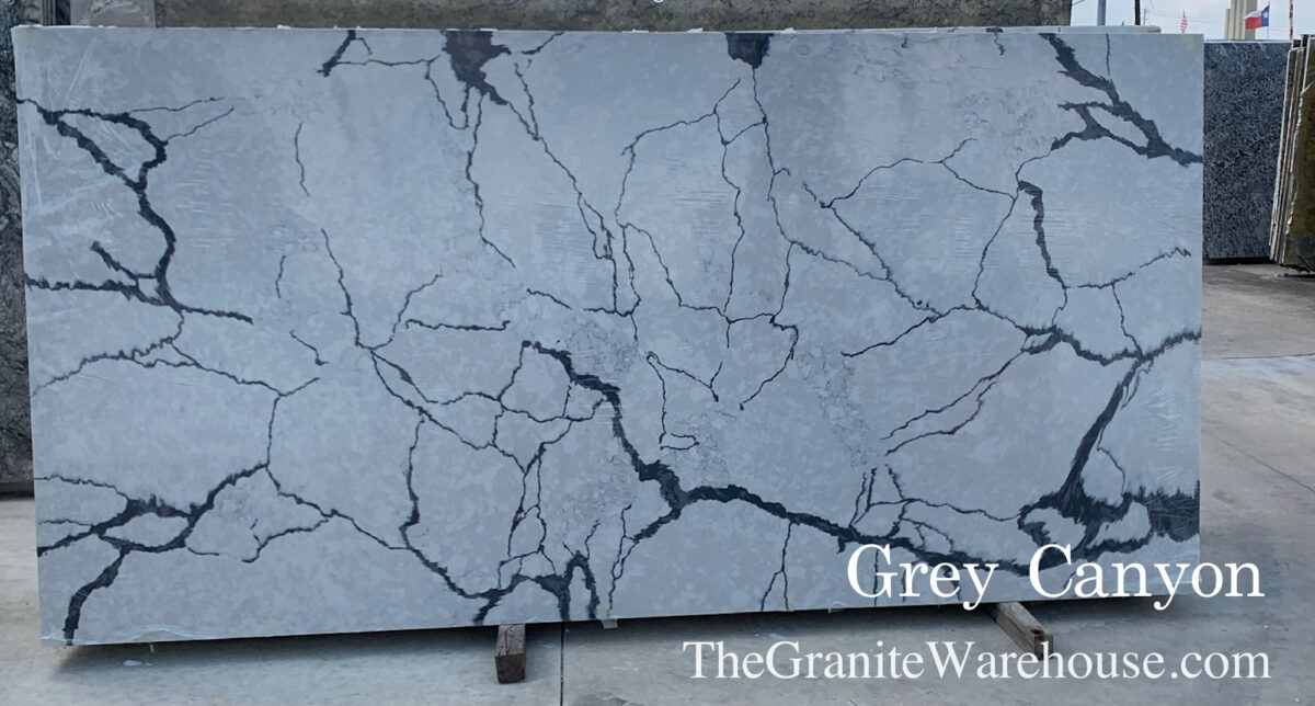 Grey Canyon Quartz Countertop – 2CM Slab Grey Canyon quartz countertop slab in 2CM thickness with matte finish